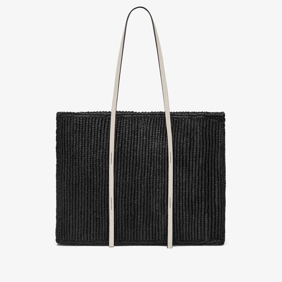 Demellier Large Capri Black Raffia White Leather Tote Bag Shopper Straw $475 - Picture 3 of 10